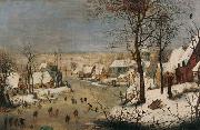 Winter landscape with ice skaters and a bird trap. Pieter Brueghel the Younger
